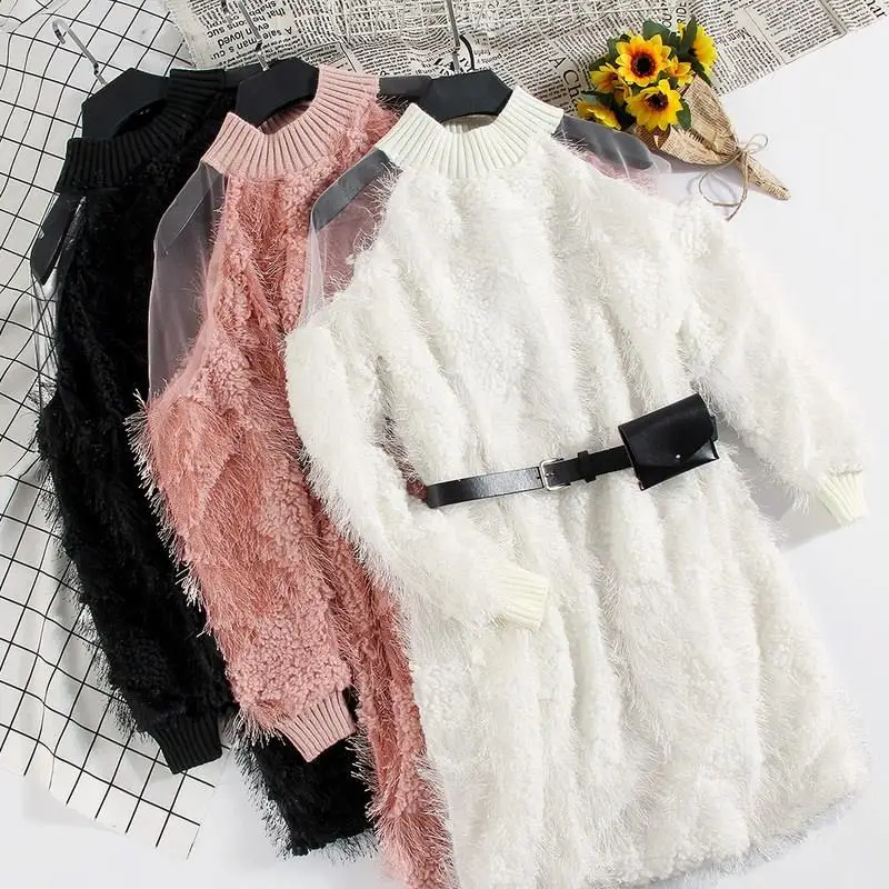 Женское платье из флиса Сетчатое лоскутное мохнатое модные вечерние платья с