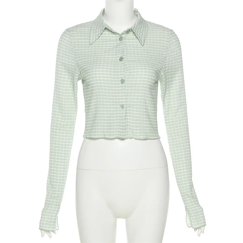 

Retro Ladies Spring Long-sleeved Short-slim Fashion Single-breasted Checkered Lapel Long-sleeved Single-breasted T-shirt 2021