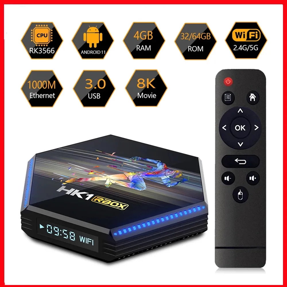 

ТВ-приставка HK1 RBOX R2, Android 11,0, 4/8 ГБ ОЗУ, 32/64 Гб ПЗУ, RK3566, поддержка 8K HD 2,4/5G Dual WiFi 1000M BT4.0, медиаплеер, ТВ-приставка