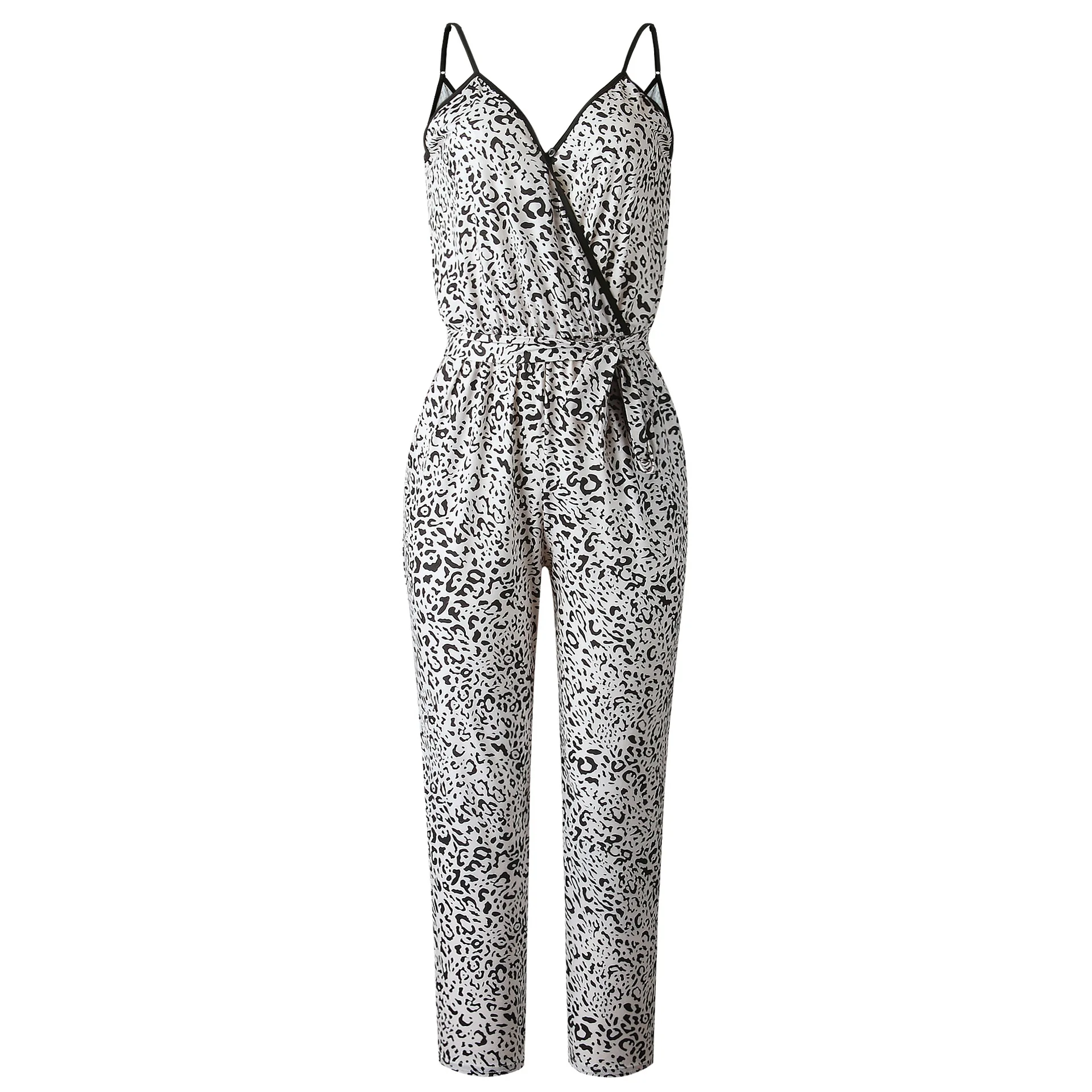 

Sexy Spaghetti Strap Cross V Neck Lace Up Jumpsuit New Summer Women Casual Leopard Print Pocket Slim Long Romper Female Overalls