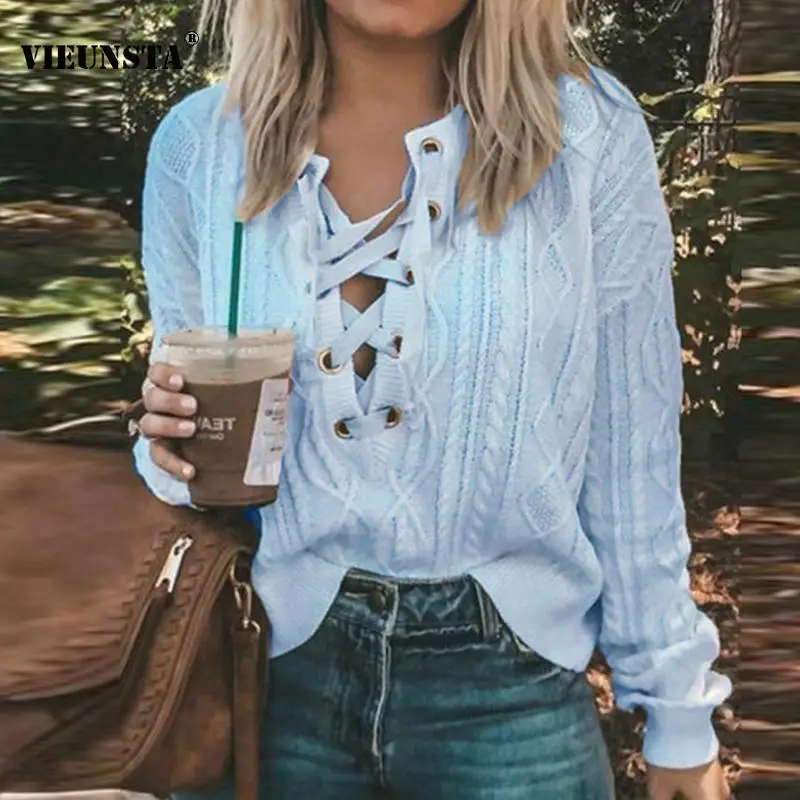 

Autumn Sexy Criss-Cross Deep V-neck Sweater Women Casual Solid Twist Knitting Tops Pullover New Winter Long Sleeve Solid Sweater