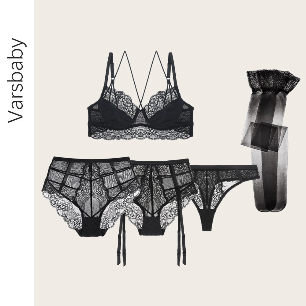 

Varsbaby sexy beauty back Y-lined deep V unlined lace 3/4 cup bra set bra+high-waist panties+ thong+stockings 5 pcs