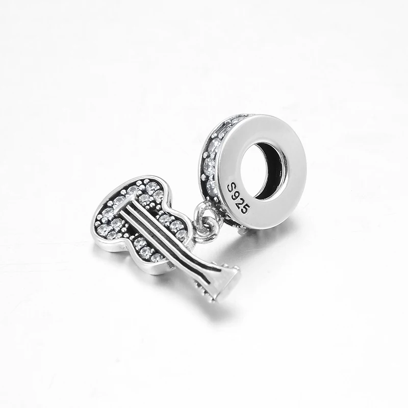 New 925 Sterling Silver Like music guitar shape CZ Charm Pendant beads for Jewelry making Fit Original LYNACCS Bracelet Bangles |