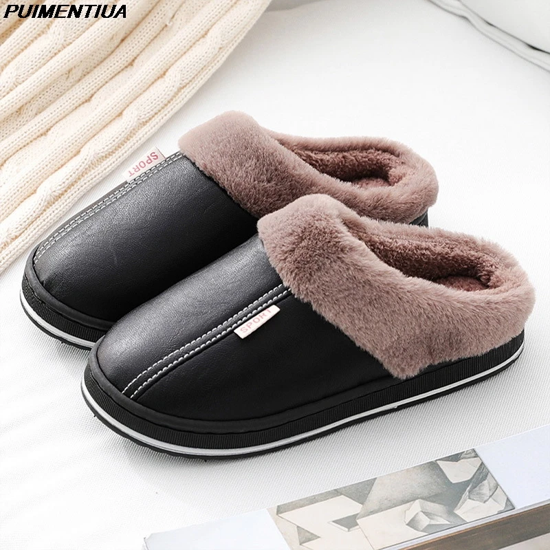 

Big Size For Men's PU Leather Slippers Indoor Waterproof Home Fur Male Couple Flat Women Men Winter Slipper Warm Cotton Shoes