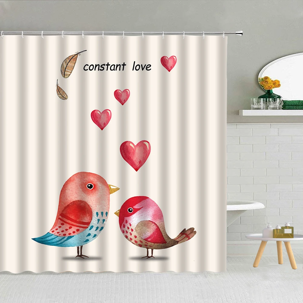 

Cartoon Romantic Couple Love Shower Curtain Cat Giraffe Owl Bird Swan Bathroom Decor Valentine's Day Waterproof Fabric Curtains