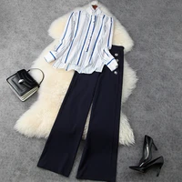 pant suits women spring autumn 2021 new stand collar long sleeved ruffled stripes shirt draped high waisted wide leg trousers