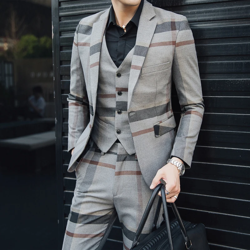 

2019 New High Quality Plaid Single-Breasted Suit Men's Tuxedo Suit 3-Piece Set Men's Casual Wedding Dress (Blazer+Pants+Vest)