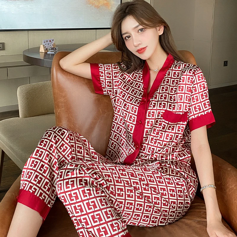 CAIYIER Women Pajamas Set Sexy Luxury Fashion Letters Print Summer Short Sleeve Silk Like Leisure Home Clothes Pants Sleepwear