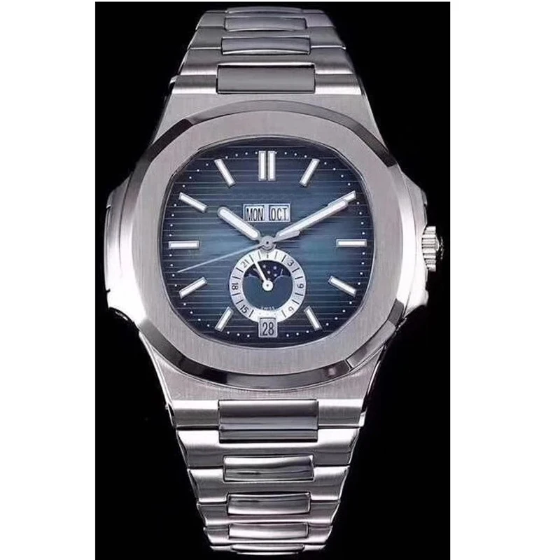

Classic New Automatic Mechanical Men Watch Sapphire Glass Back DayDate Transparent Moon Phase Blue Multiple Time Zone Sport