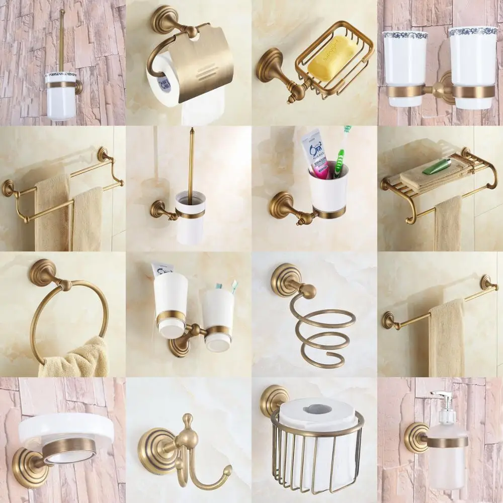 

Vintage Retro Antique Brass Bathroom Accessories Set Bath Hardware Towel Bar Soap Dish Toilet Paper Holder Robe Hook mm023