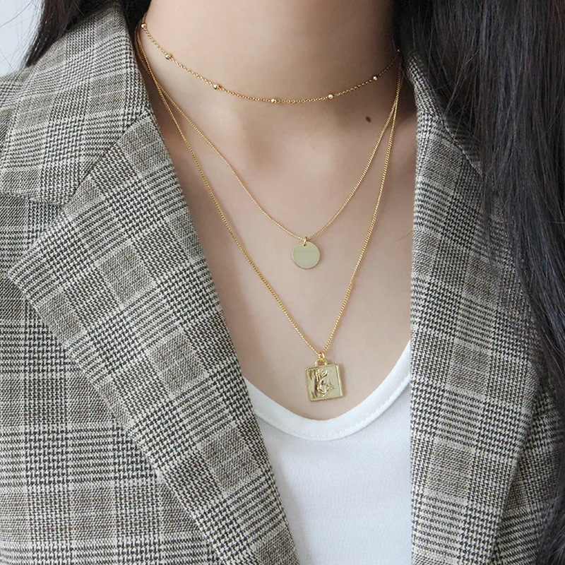 

AsinLove Trendy 18K Gold Rose Flower Square Pendant Necklace Real 925 Silver Vintage Geometric Necklaces for Women Fine Jewelry