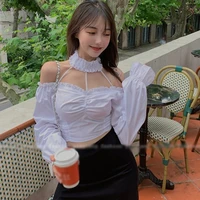 new one shoulder clavicle halter top trumpet sleeve white short pleated slash hanging neck sexy slim bare navel womens fashion