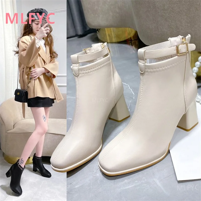 

Ботинки женские зимние на толстом каблуке, новинка 2021, короткие ботинки с квадратным носком, женские эластичные ботинки-мартинсы, модные то...