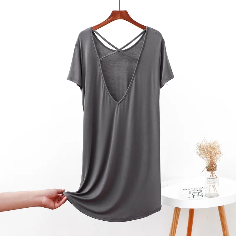 

Summer new style modal large size deep V dress mid-length short-sleeved pajamas dress slim slimming home service