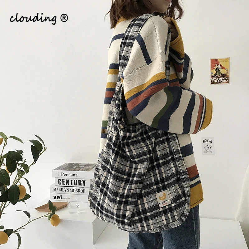 

Retro Black And White Plaid All-Match Student Large-Capacity Shoulder Bag Art Canvas Bag Shopping Bag Handbag Shoulder Bag