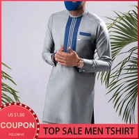 african mens mid length t shirt loose long sleeve stripe print casual gray tops fashion muslim blusas for male tee 2021 fall