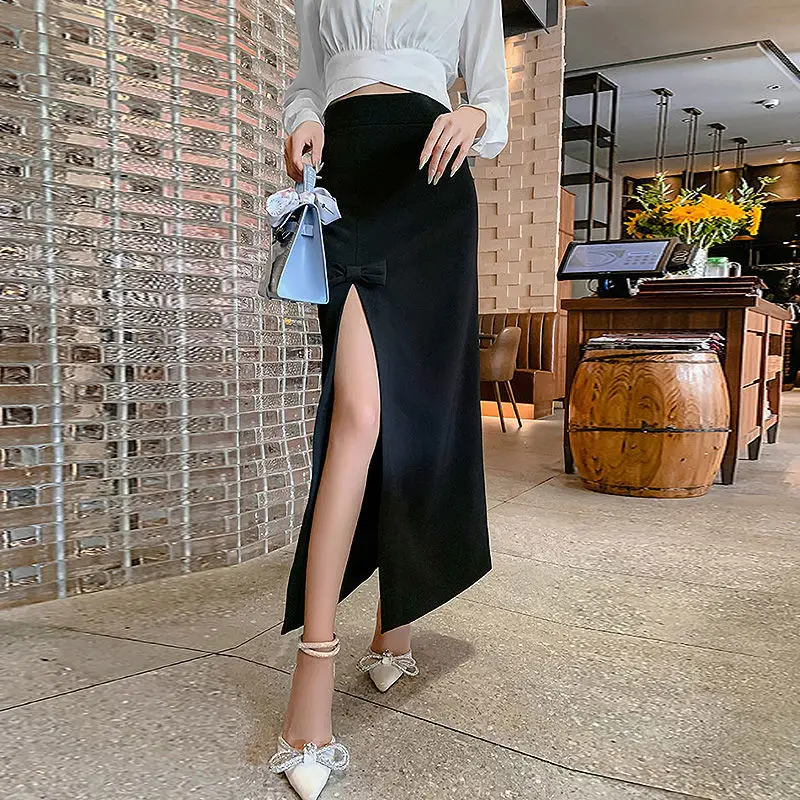 

Designer Open Fork Black Skirts Women Korean Chic Chiffon Elegant Split Skirts Gentle Sexy Mature Office Lady Skirts Summer 2021