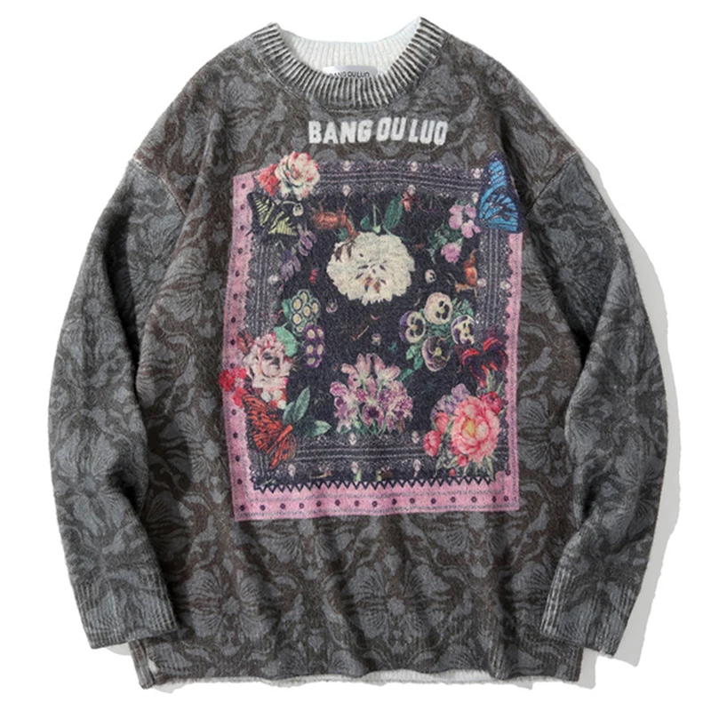 

2021 Brand Sweater Men Harajuku Hip Hop Flower Streetwear Men Clothing Pullover O-Neck Oversize Fashion Casual Male Sweaters