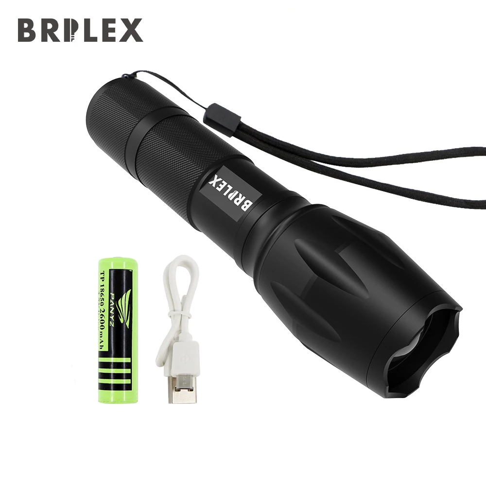 black flashlight Многофункциональный водонепроницаемый светодиодный фонарик BRILEX с регулируемым фокусным расстоянием и аккумулятором 18650 для кемпинга - Испускаемый цвет: black flashlight