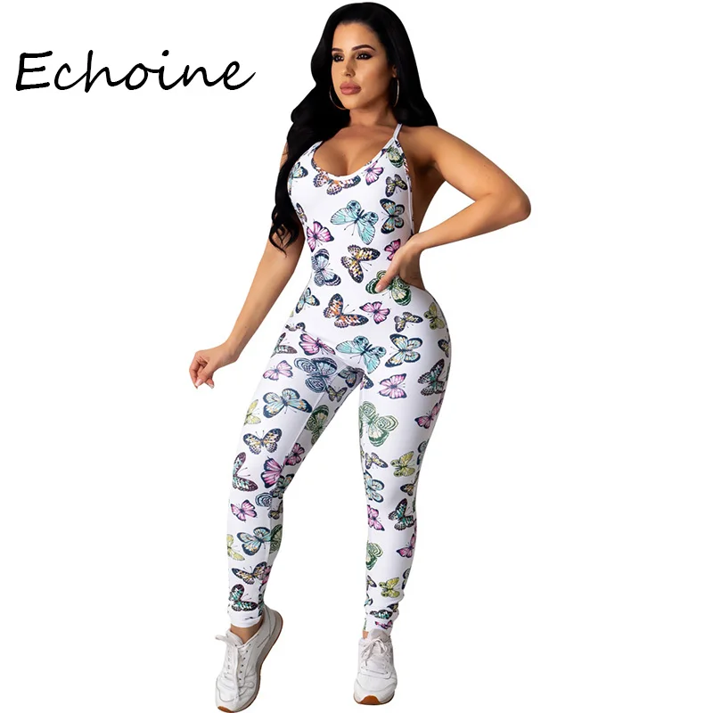 Сексуальный комбинезон на тонких бретельках с принтом бабочки и открытой спиной