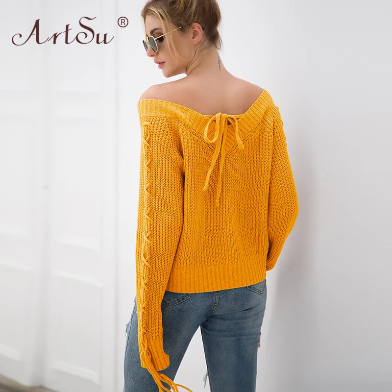 Женский вязаный свитер ArtSu желтый на шнуровке с длинным рукавом v-образным