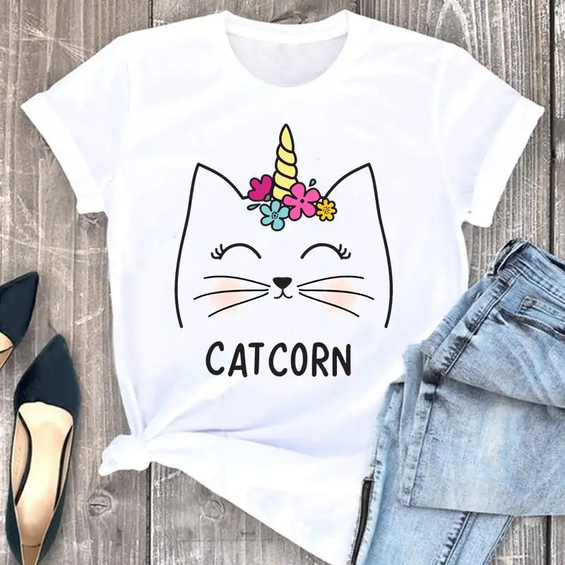 

Women Clothes Cat Funny Face Animal 2022 Cartoon Clothing Fashion Short Sleeve Print Tshirt Female Top Graphic Tee T-shirt