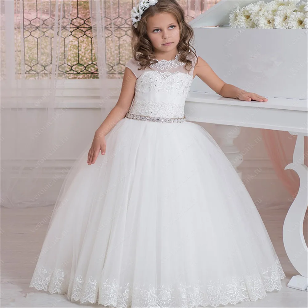 

Gorgeous Flower Girl Dress White Lace Applique Beadwork Sleeveless Elegant Birthday Party Girls Pageant Holy Communion Dresses