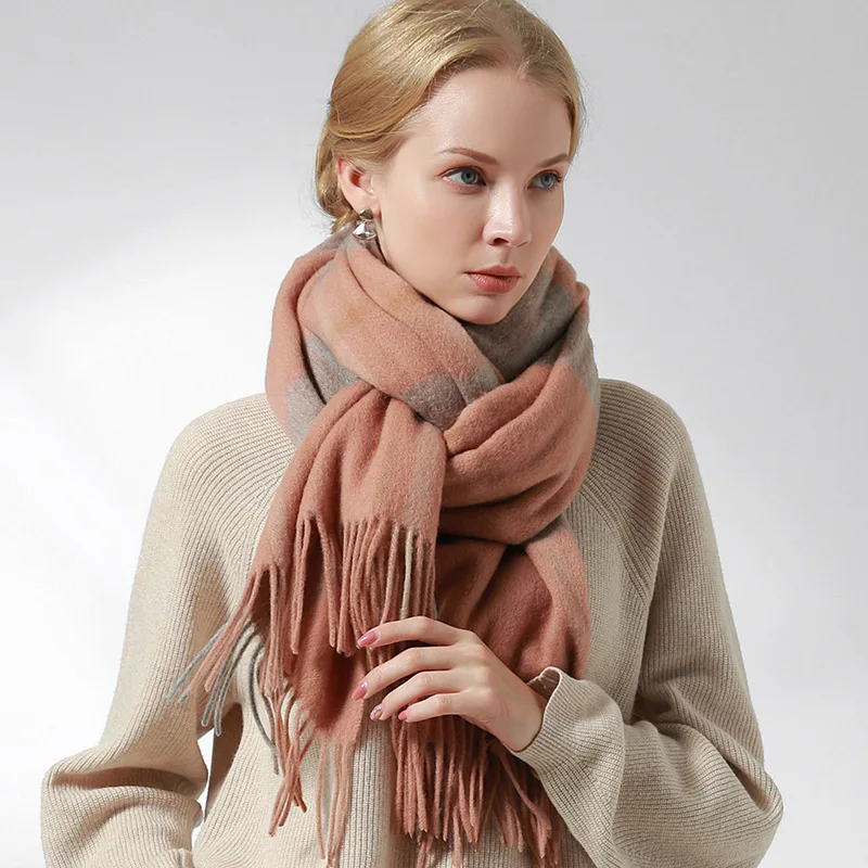 Зимний шарф из 100% шерсти женские плотные теплые шали и палантины клетчатые шарфы