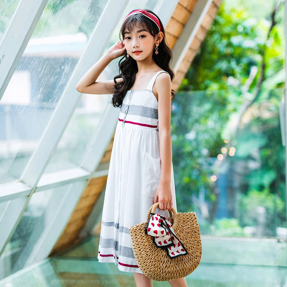 

Girls' Dress 2021 Summer White Stitched Cotton Suspender Dress Kids Clothes Girls Clothes