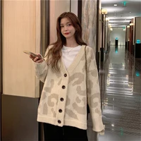 spring fashion casual women cardigan sweater long sleeve milk leopard v neck outerwear ladies loose knitted coat female a96
