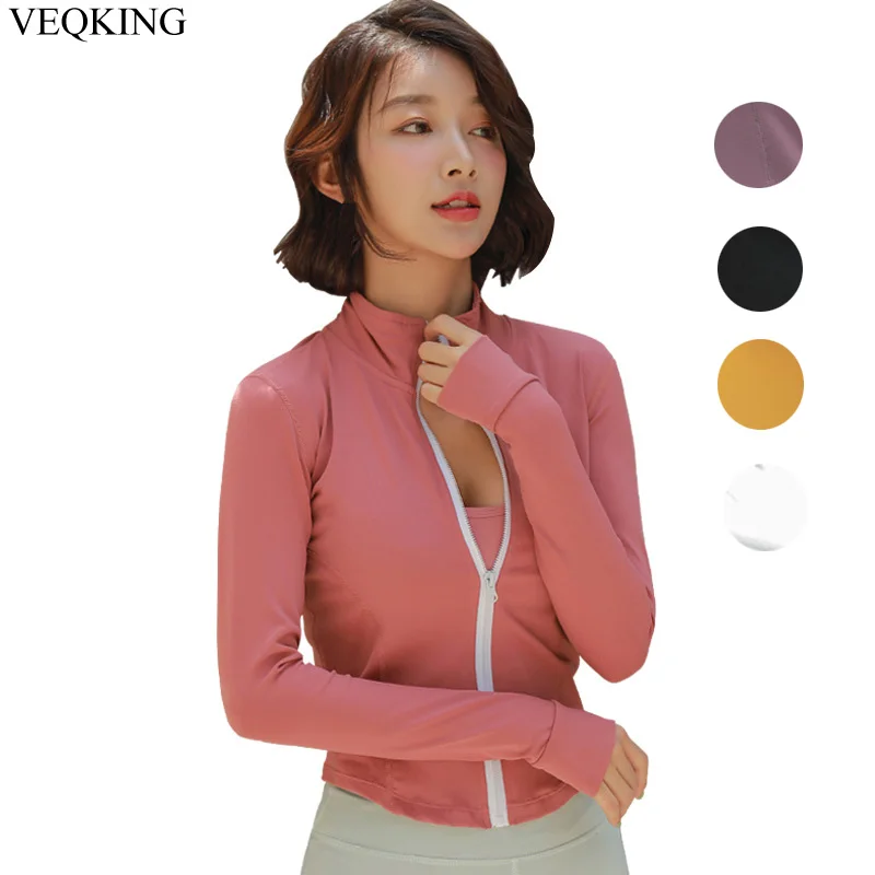 

Куртка для бега VEQKING, облегающий топ для бега на молнии с коротким высоким воротником и длинным рукавом, дышащая быстросохнущая мягкая одежд...