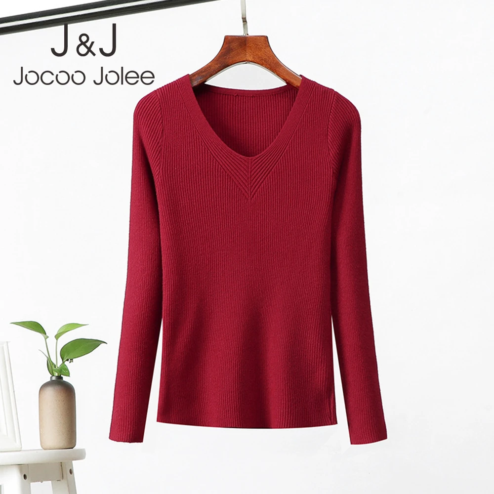 

Jocoo Jolee Women Casual V Neck Knitted Sweater Solid Harajuku Pullover Elegant Slim Basic Sweater Korean Jumpers Sweetwear 2019