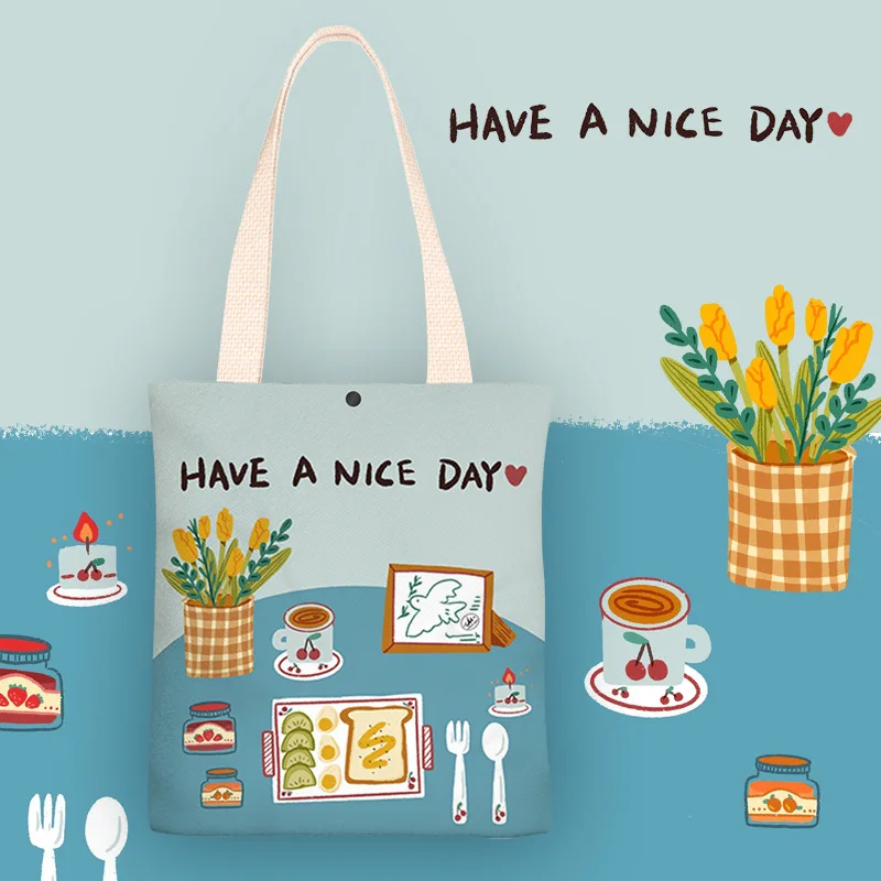 

Have A Nice Day! Canvas Bags for Women Velvet Cloth Shoulder Bags Eco Handbag Tote Reusable Grocery Shopper Students Book Pack