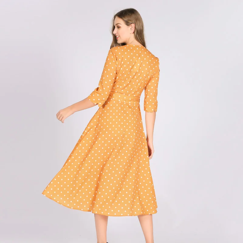 ITOOLIN Yellow Polka Dot Long Dress V-Neck High Waist Wrap A-Line Vintage Casual Women Black Dresses 2020 Spring Autumn | Женская одежда