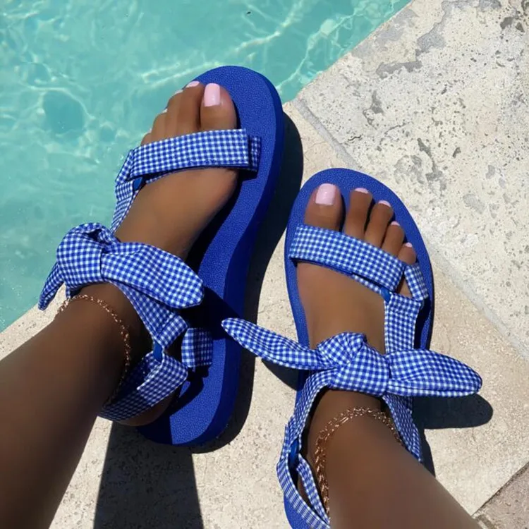 

2021 Summer Bowknot Beach Sandals Woman Design Casual Women Flat Sandals Shoes Gingham Open Toe Sandalia Zapatillas Mujer