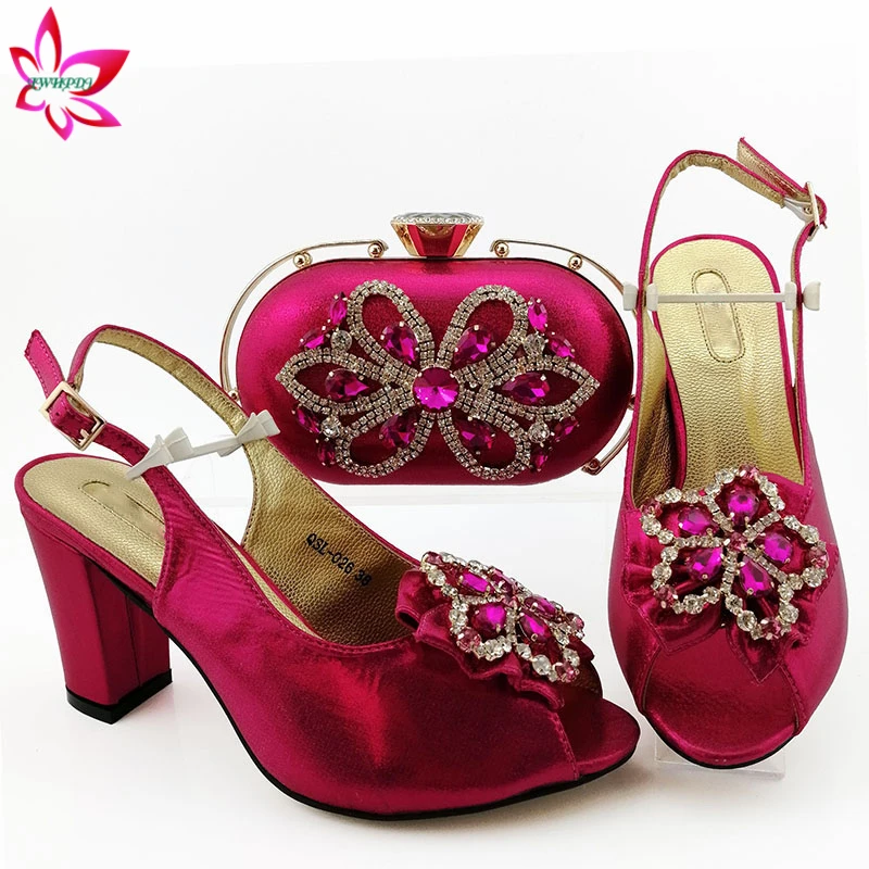 Fashion Women Fuchsia Sandals And Bag Set To Match 9 cm High Quality Nigerian Shoes With Matching Bags For Wedding Party | Обувь
