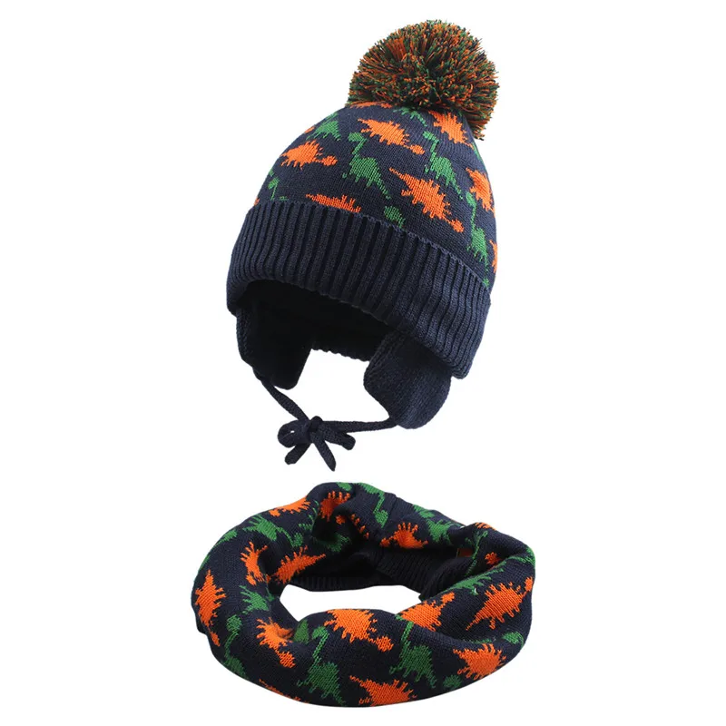 Dinosaur Baby Beanie Scarf Hat Set Toddler Boy Girl Winter Spring Earflap Cap Thick Lining Warm with Neckerchief Elastic | Детская