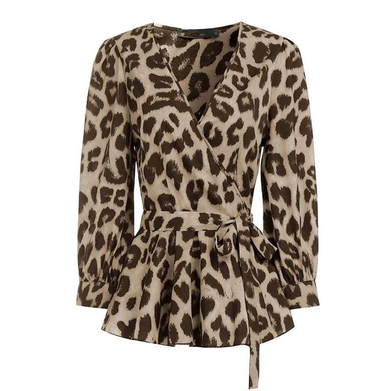 

Women Blouses 5XL Elegant Office Tunic Shirt Sexy Deep V-Neck Leopard Print Belted Fashion Tops Ruffles