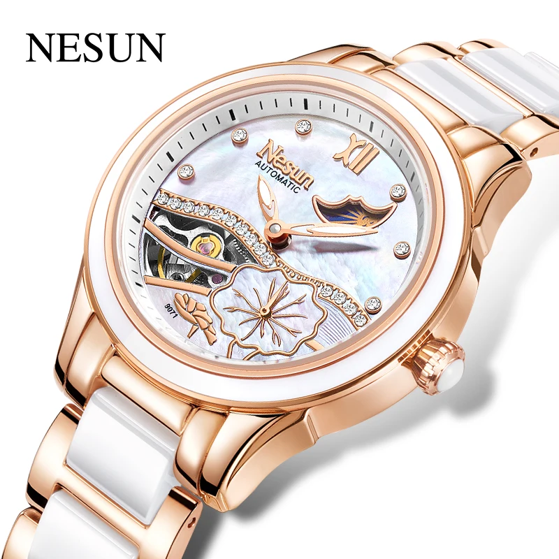 

NESUN Official Women Fashion Casual Automatic Wristwatches Mechanical Movement Shell Dial Rhinstone Waterproof Moon Phase 9071