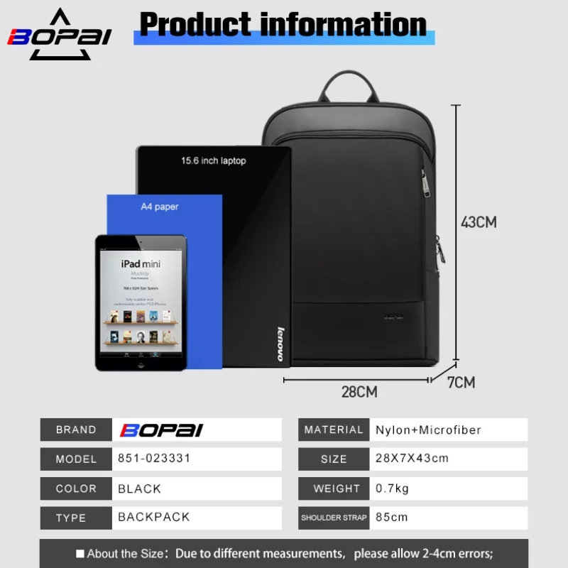 bopai business casual backpack slim laptop 15 6 inch pack office work men women anti theft unisex black thin light backpacking free global shipping