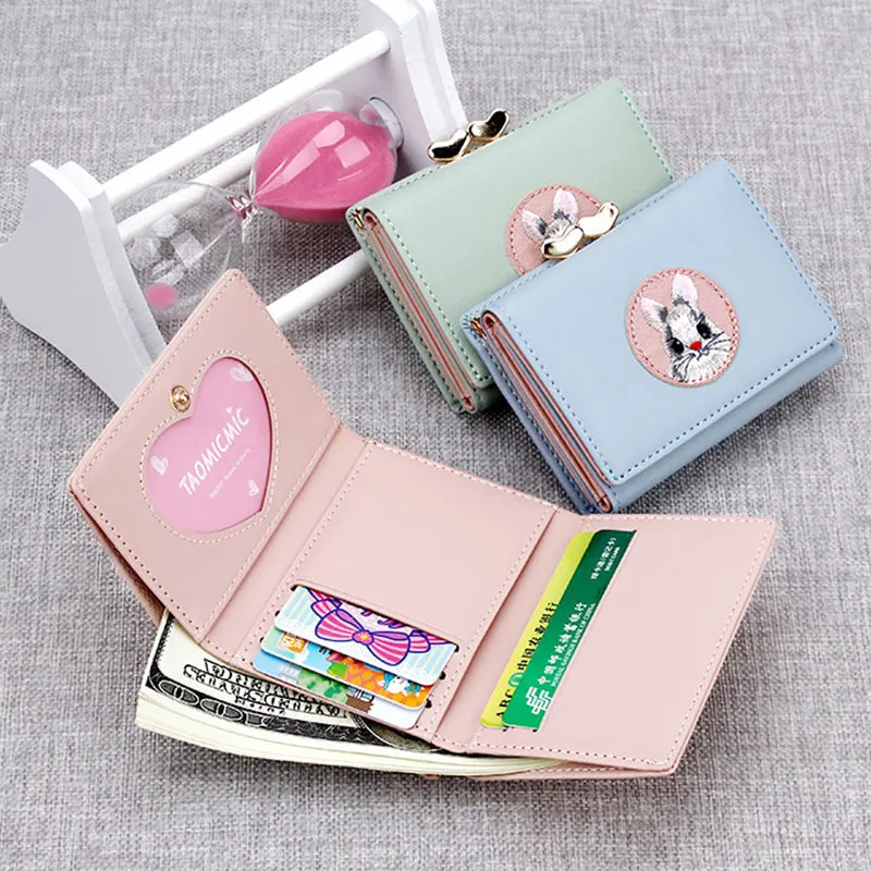 

Женский кошелек, маленький кошелек с милым Кроликом, женские короткие однотонные кошельки из искусственной кожи, кошельки с застежкой, Женс...