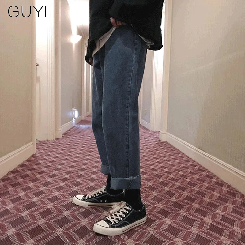 

GUYI Chic Couple Pencil Washed Jeans Pants Men Denim Straight Korean Style Trousers Male Jogger Blue Harajuku Style Winter Jeans