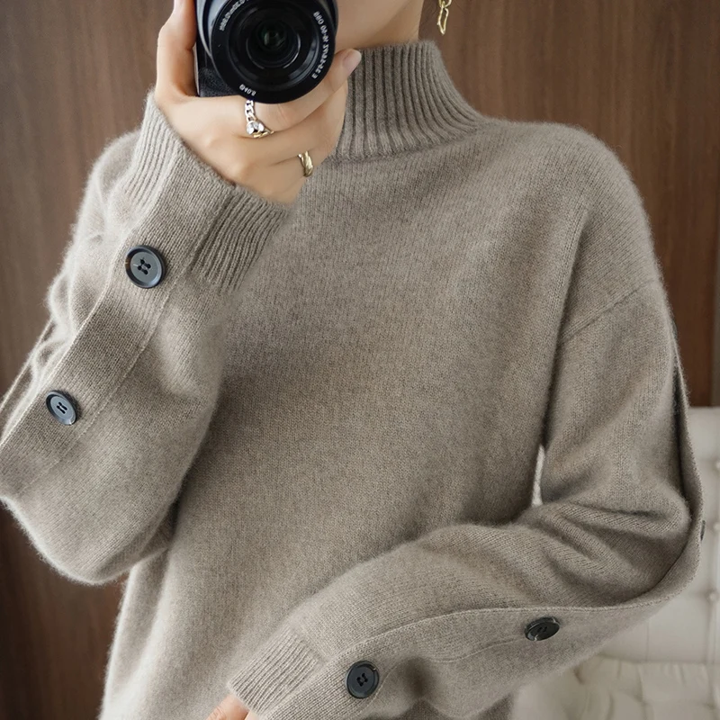 

2021Autumn / winter thick cashmere sweater ladies half high neck pullover casual knitted 100% pure wool top Korean female jacket
