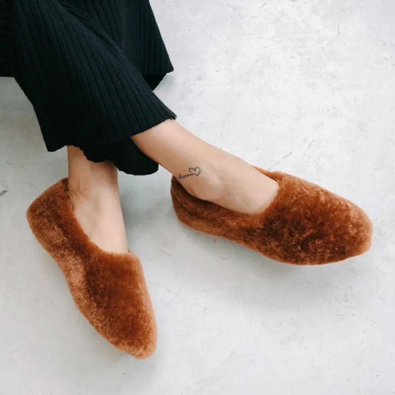 Ins/Новинка женские шерстяные туфли на меху однотонная женская зимняя теплая