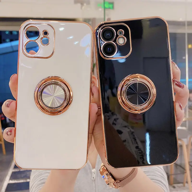 

Роскошный чехол с кольцом-держателем для iPhone 11 7 8 Plus, позолоченный металлический чехол-подставка для телефона iPhone 12 13 Pro Max XS XR SE, силиконовый
