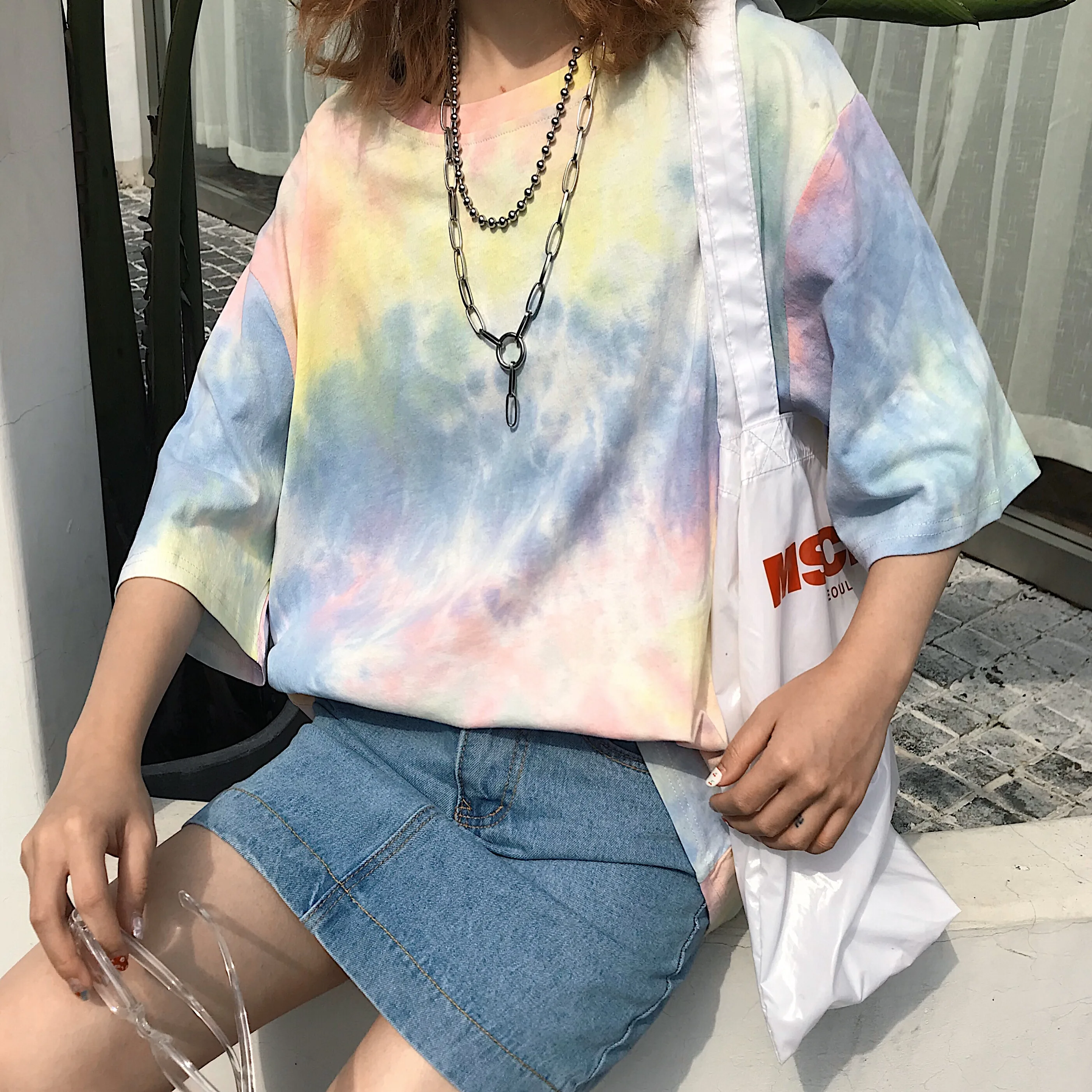 Tie Dye граффити контрастный принт уличная свободная футболка женская мужская футболка Harajuku футболка Корейская футболка скейтборд негабаритная