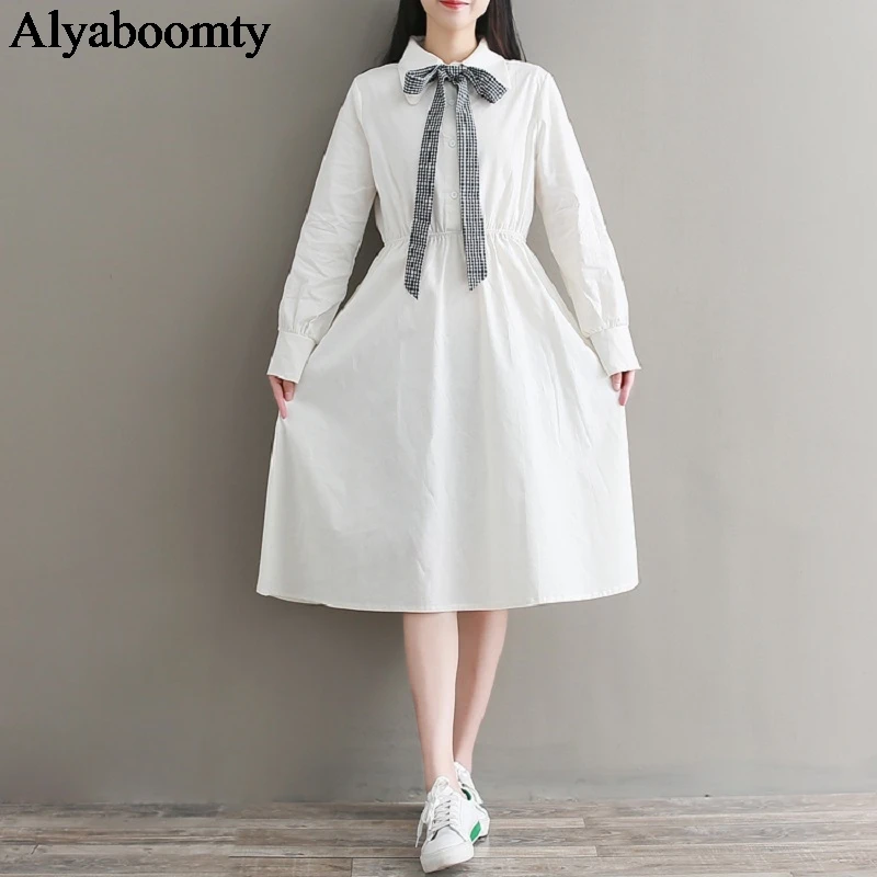 Женское платье в японском стиле преппи белое хлопковое элегантное с отложным