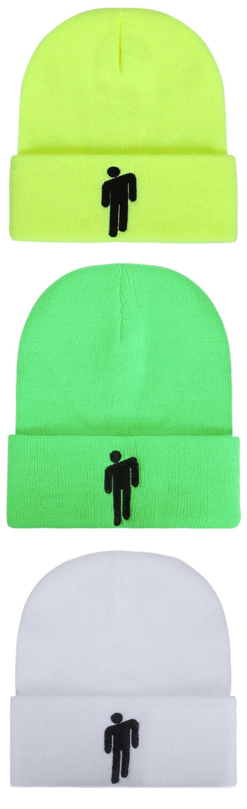 Зимние шапки для мужчин и женщин с вышивкой Billie Eilish Beanie Hat для женщин и мужчин, вязаные теплые однотонные хип-хоп повседневные с манжетами, широкий берет-Боб