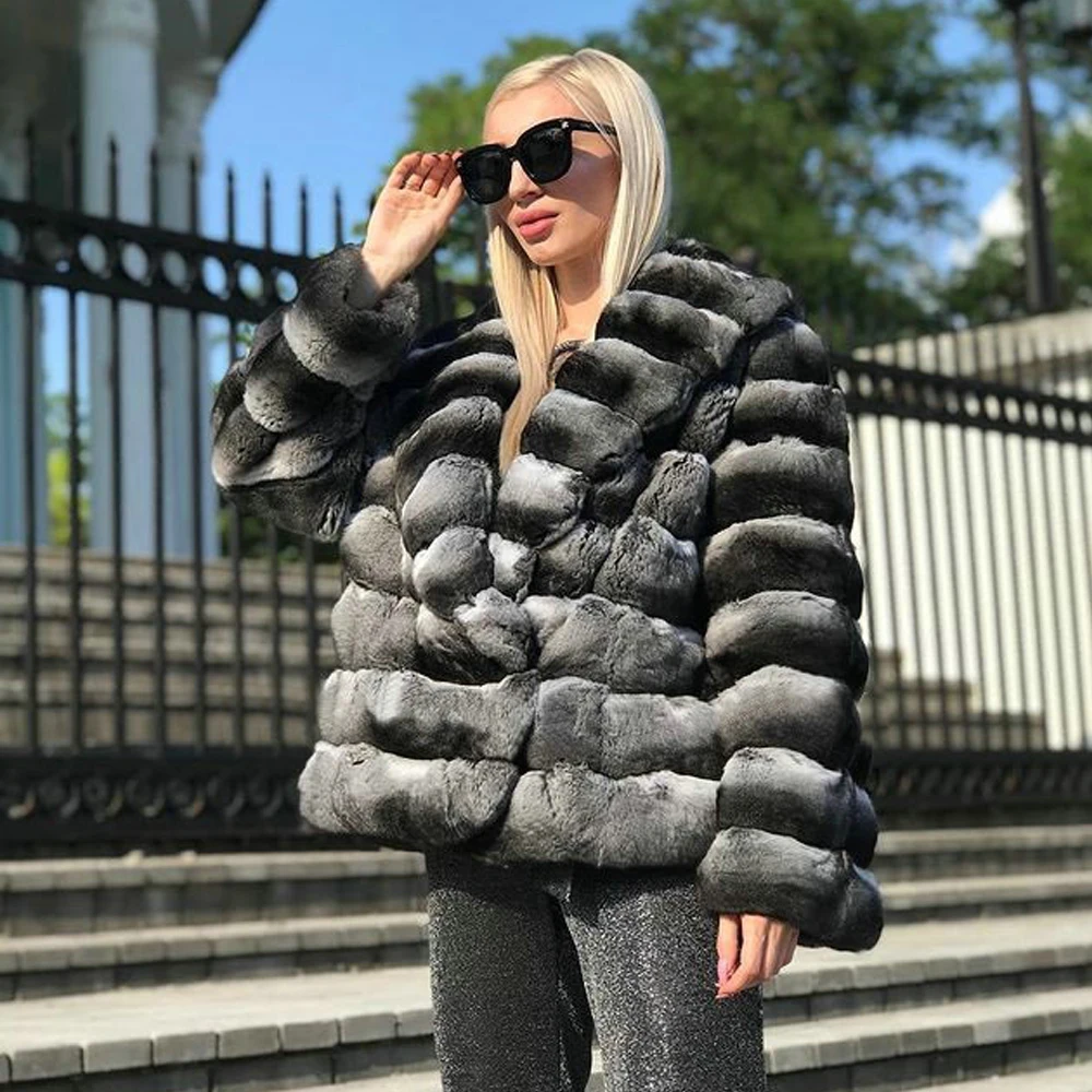 Women New Real Rex Rabbit Fur Jacket with Turn-down Collar High Quality Winter Woman Natural Rex Rabbit Fur Coats Outwear Warm