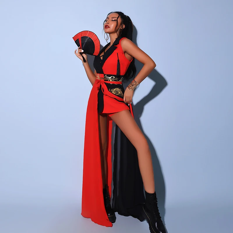 

Annual Dance Costume Chinese Women Make Up Jazz Costume Korean Song and Dance Red Pole Dance Costume Hip-hop Performance Costume